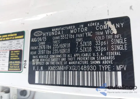 2016 Hyundai Santa Fe Se from USA, damaged, VIN KM8SM4HFXGU148930